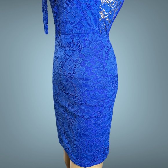 Carol Catugy Full Lace Bodycon Dress Medium Blue Backless Bow High Neck Stretch - Picture 11 of 15